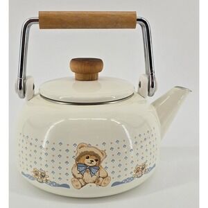 Vtg Tienshan Country Bear Theodore Tea Kettle W/ Handle Ivory Blue Cottage 90s